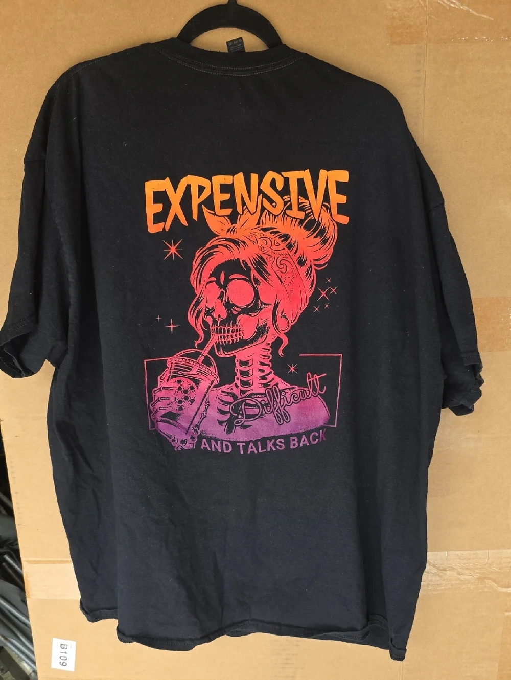 Gildan Black Tee with Orange and Pink Skull Graphic - Picture 1 of 3